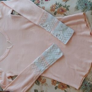 Free People Women's Waffle Henley With Crochet Sleeves in Soft Pink size Small